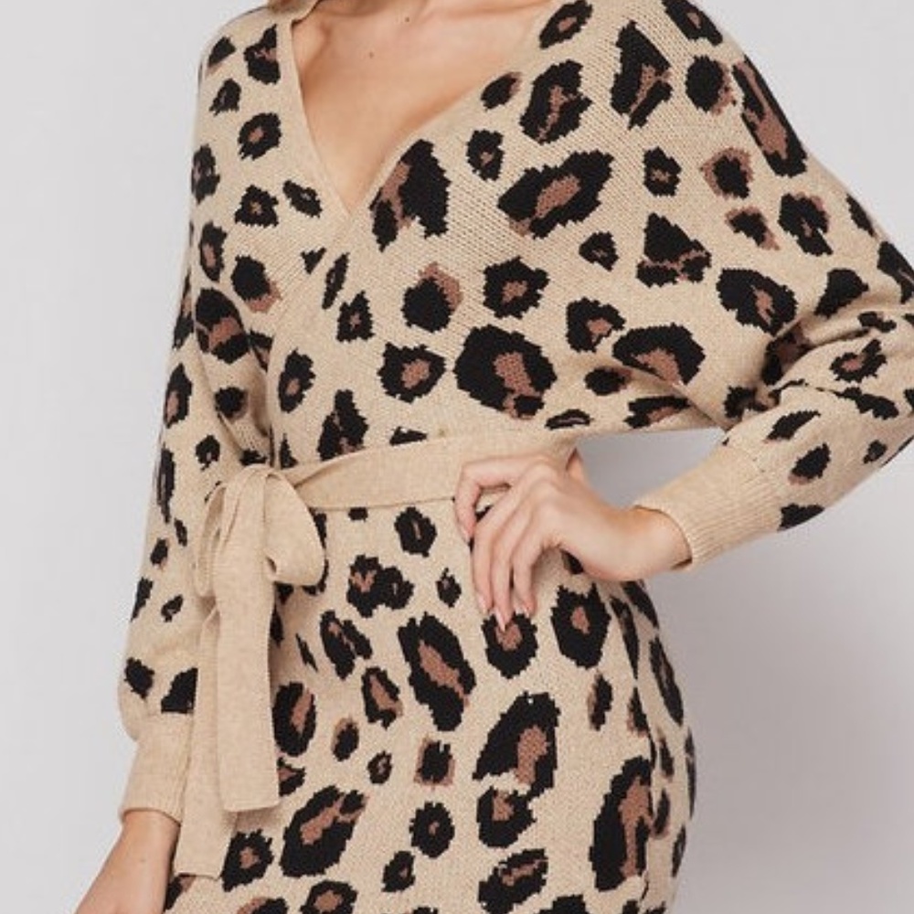 Beige Brown Leopard Print Faux Wrap Sweater Dress - Picture 6 of 6